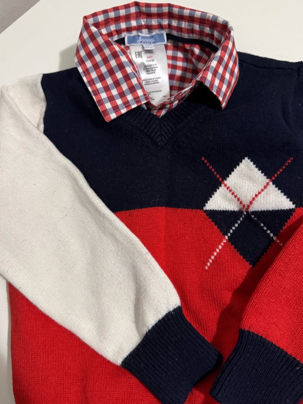 Jacadi Red and Navy V-Neck Sweater with Plaid Shirt